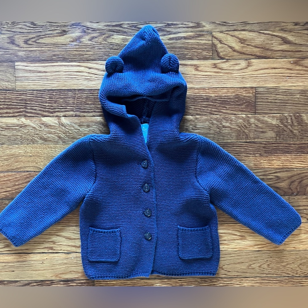 Baby Gap Navy Blue Knit Hooded Bear Ears 100% Cotton Cardigan Size 18-24M